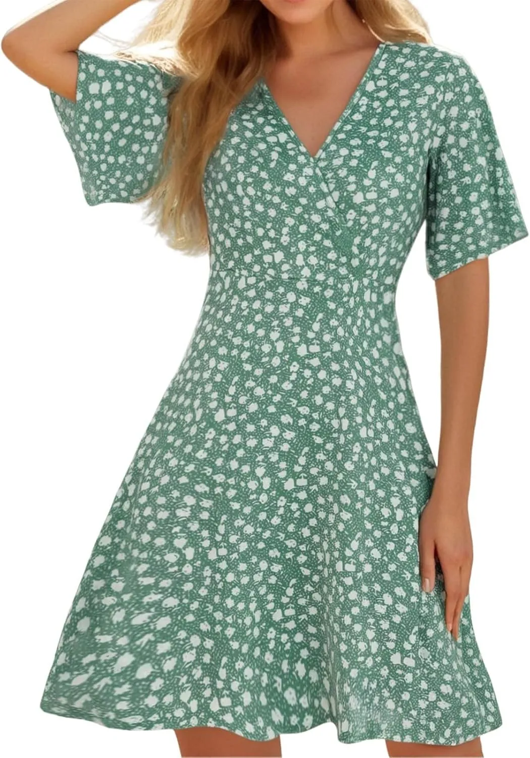 Summer Dresses for Women 2025 Wrap V Neck Floral Short Sleeve Sundress Casual Loose Knee Length A Line Vacation Midi Dress