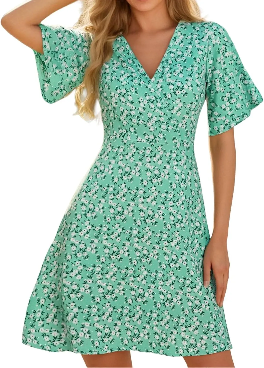 Summer Dresses for Women 2025 Wrap V Neck Floral Short Sleeve Sundress Casual Loose Knee Length A Line Vacation Midi Dress
