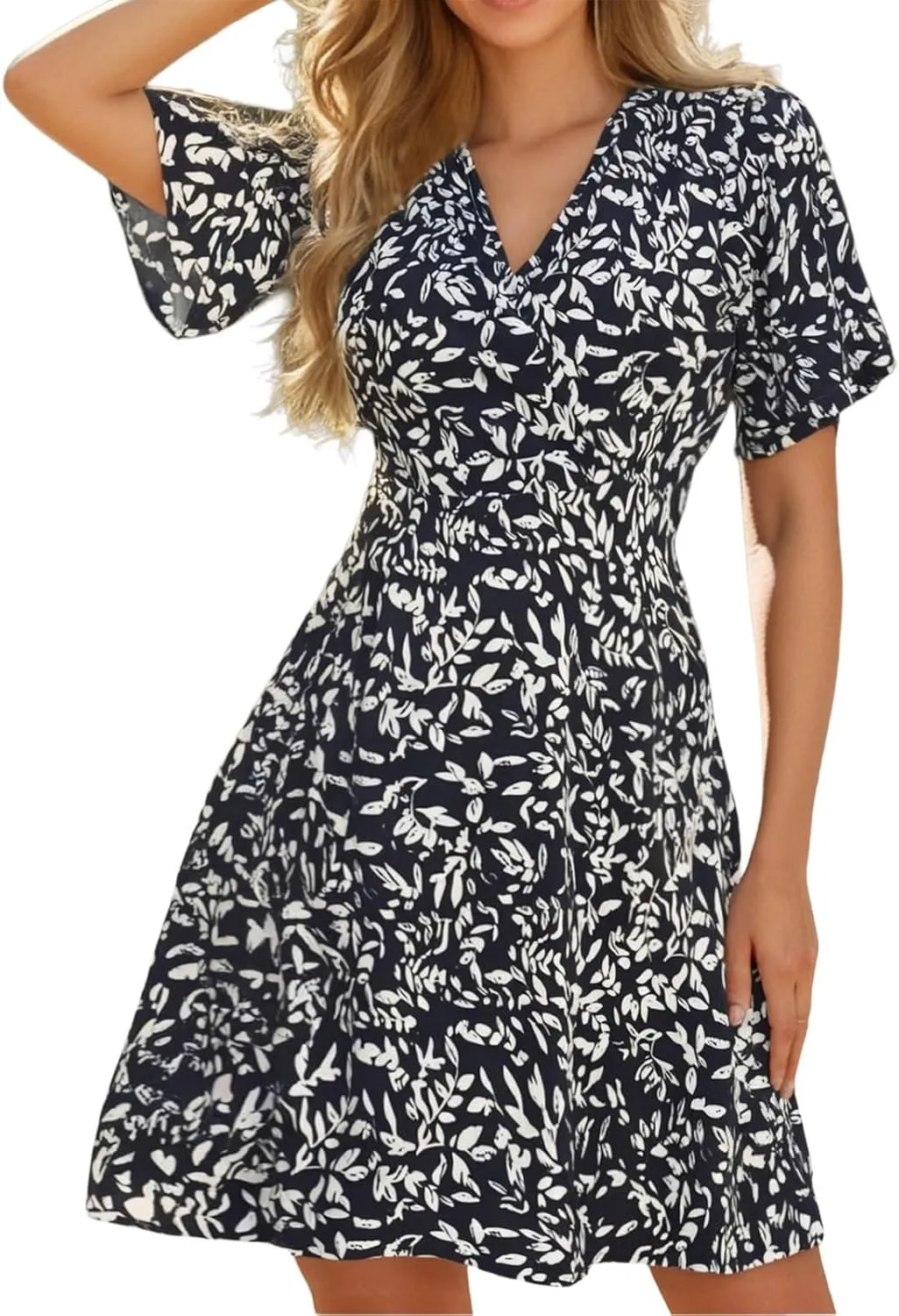Summer Dresses for Women 2025 Wrap V Neck Floral Short Sleeve Sundress Casual Loose Knee Length A Line Vacation Midi Dress
