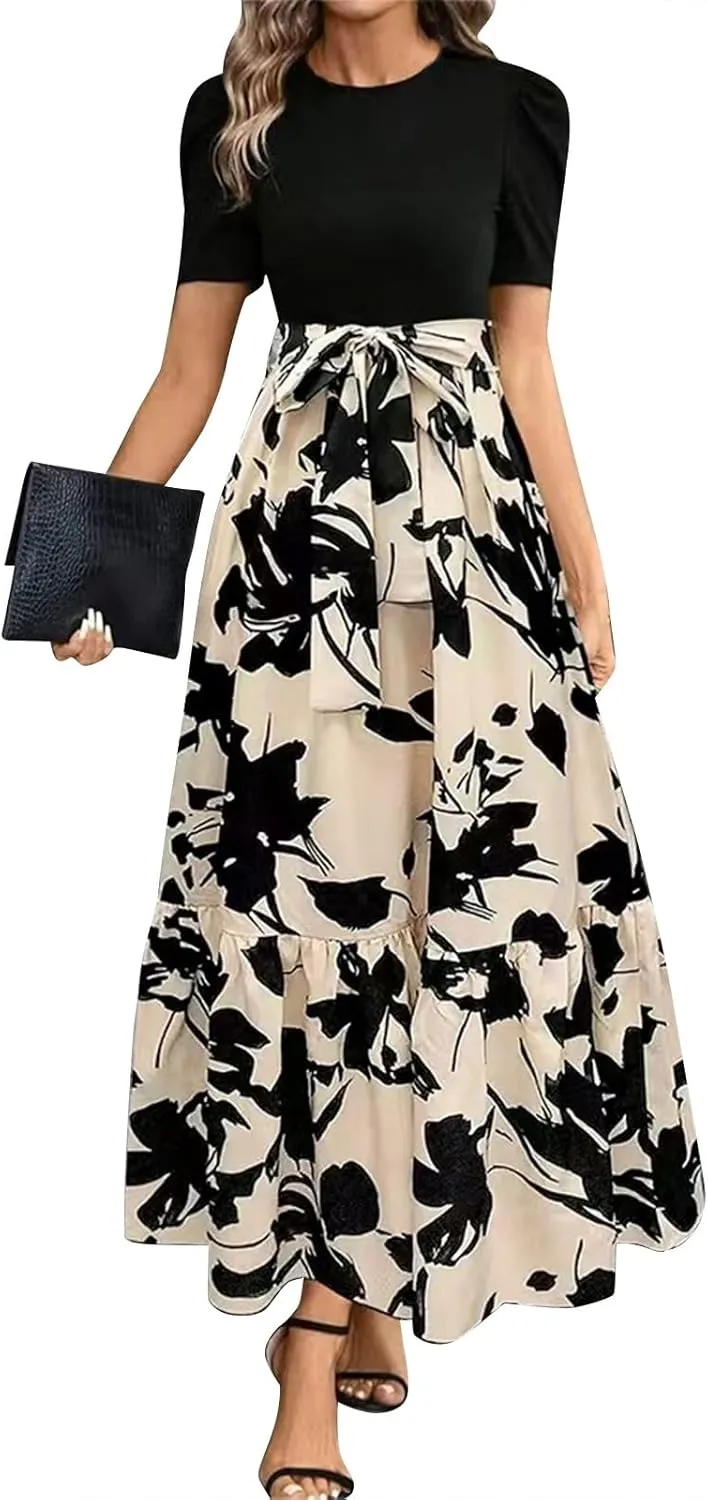 Summer Long Dresses for Women 2025 Elegant Floral Print Puff Sleeve Waist Tie and Asymmetric Hem Sundresses