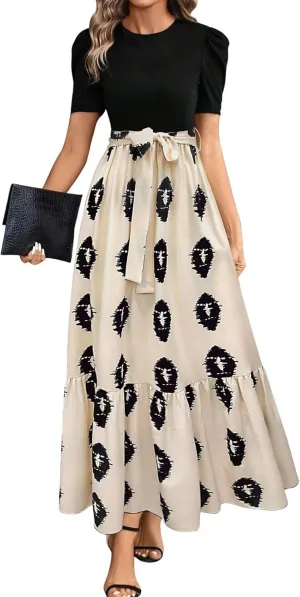 Summer Long Dresses for Women 2025 Elegant Floral Print Puff Sleeve Waist Tie and Asymmetric Hem Sundresses
