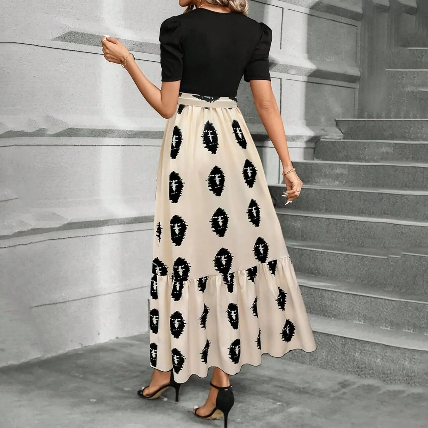 Summer Long Dresses for Women 2025 Elegant Floral Print Puff Sleeve Waist Tie and Asymmetric Hem Sundresses