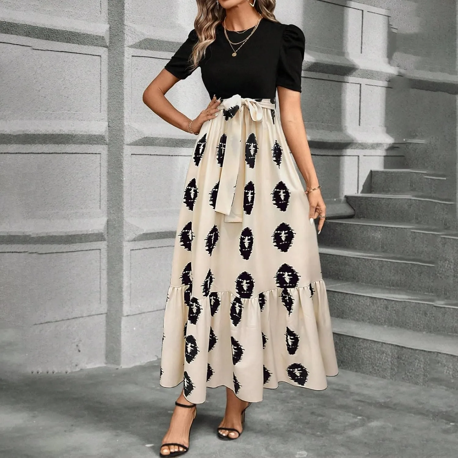 Summer Long Dresses for Women 2025 Elegant Floral Print Puff Sleeve Waist Tie and Asymmetric Hem Sundresses