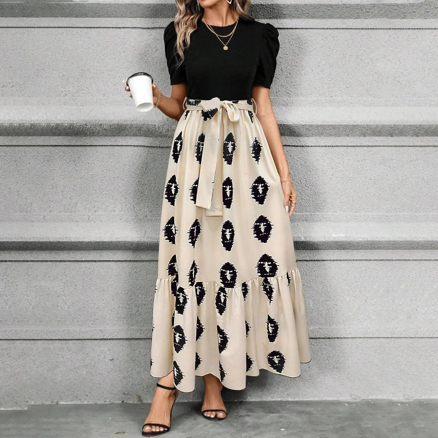 Summer Long Dresses for Women 2025 Elegant Floral Print Puff Sleeve Waist Tie and Asymmetric Hem Sundresses