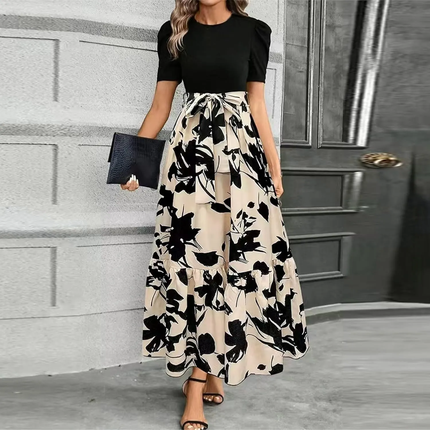 Summer Long Dresses for Women 2025 Elegant Floral Print Puff Sleeve Waist Tie and Asymmetric Hem Sundresses