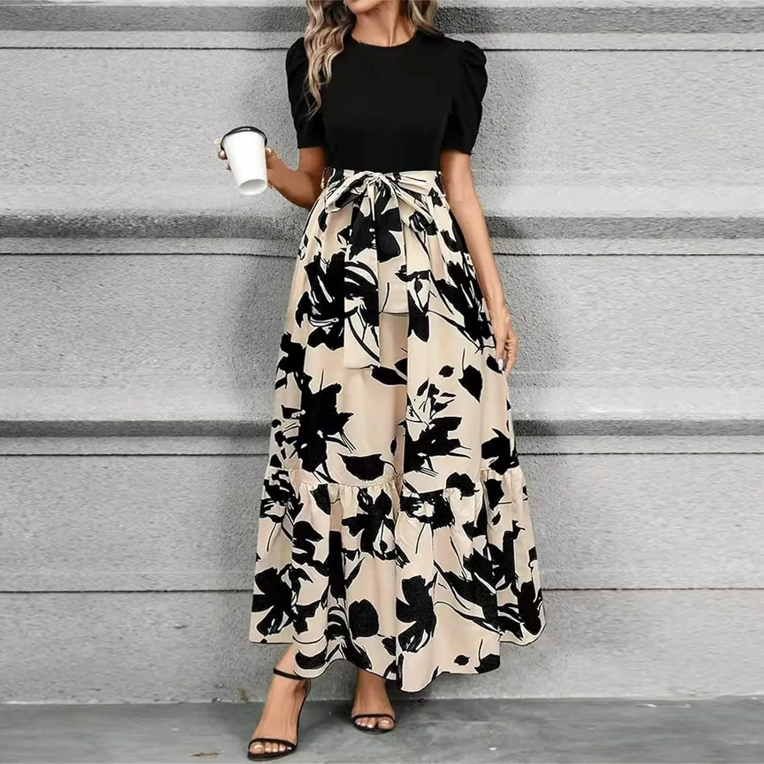 Summer Long Dresses for Women 2025 Elegant Floral Print Puff Sleeve Waist Tie and Asymmetric Hem Sundresses