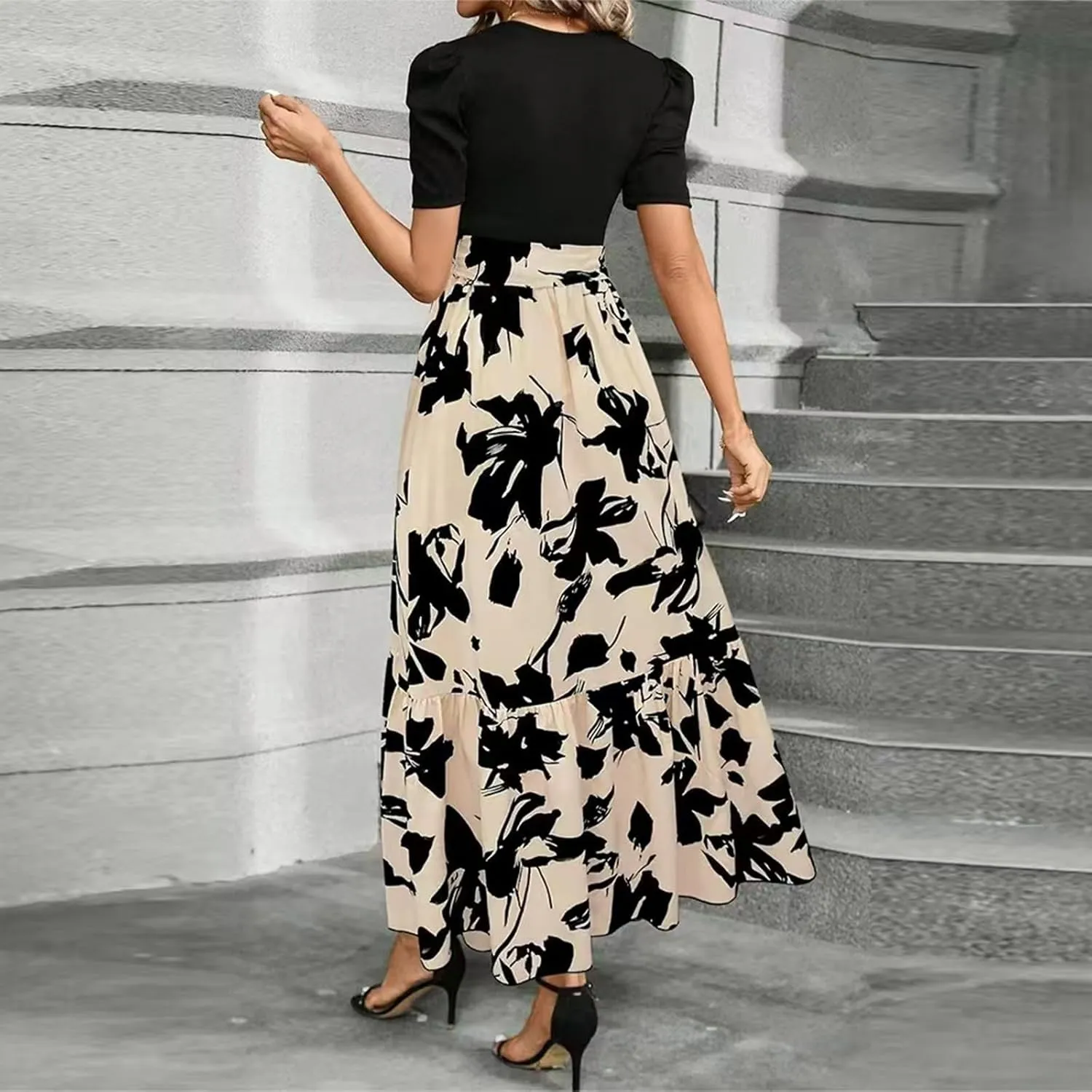 Summer Long Dresses for Women 2025 Elegant Floral Print Puff Sleeve Waist Tie and Asymmetric Hem Sundresses