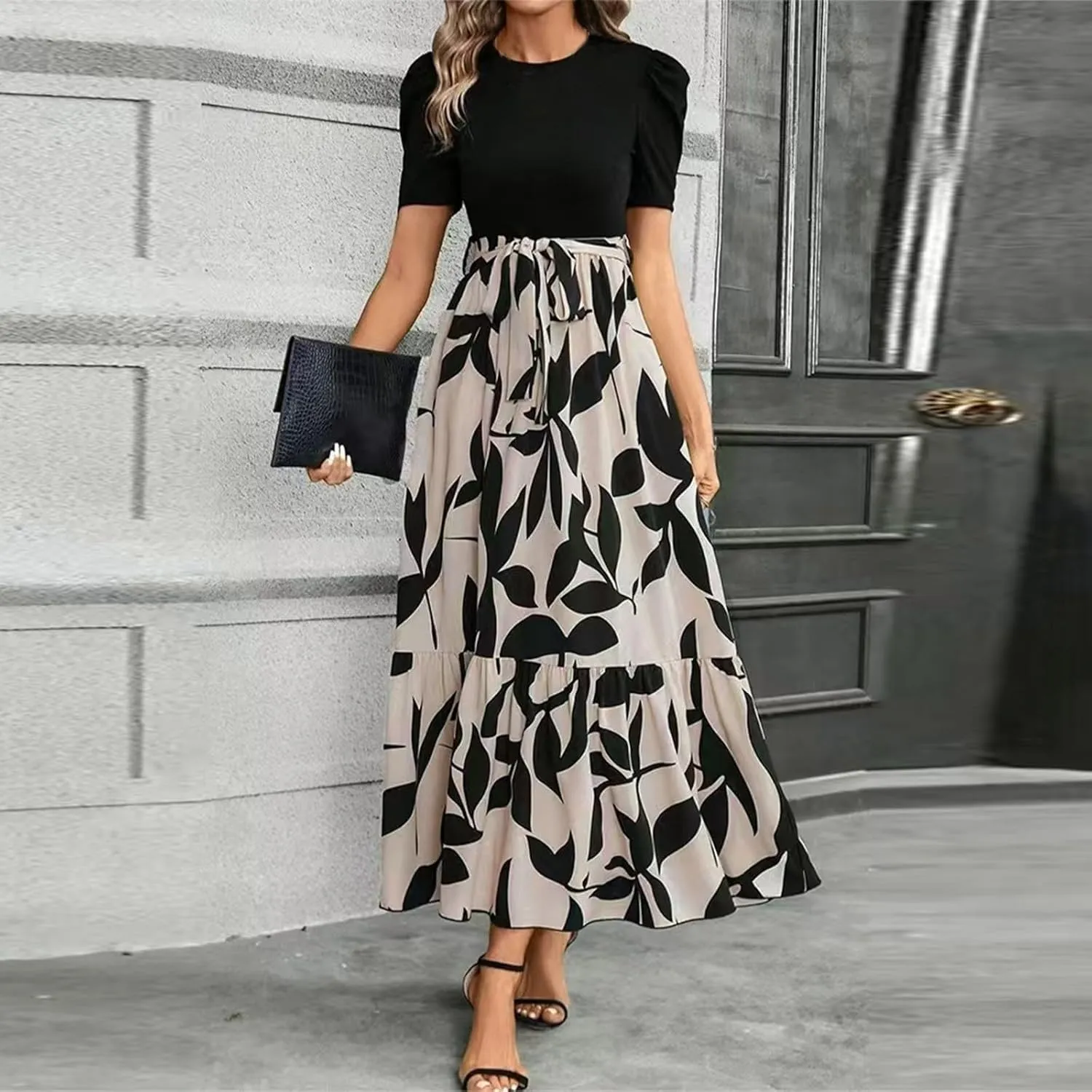 Summer Long Dresses for Women 2025 Elegant Floral Print Puff Sleeve Waist Tie and Asymmetric Hem Sundresses