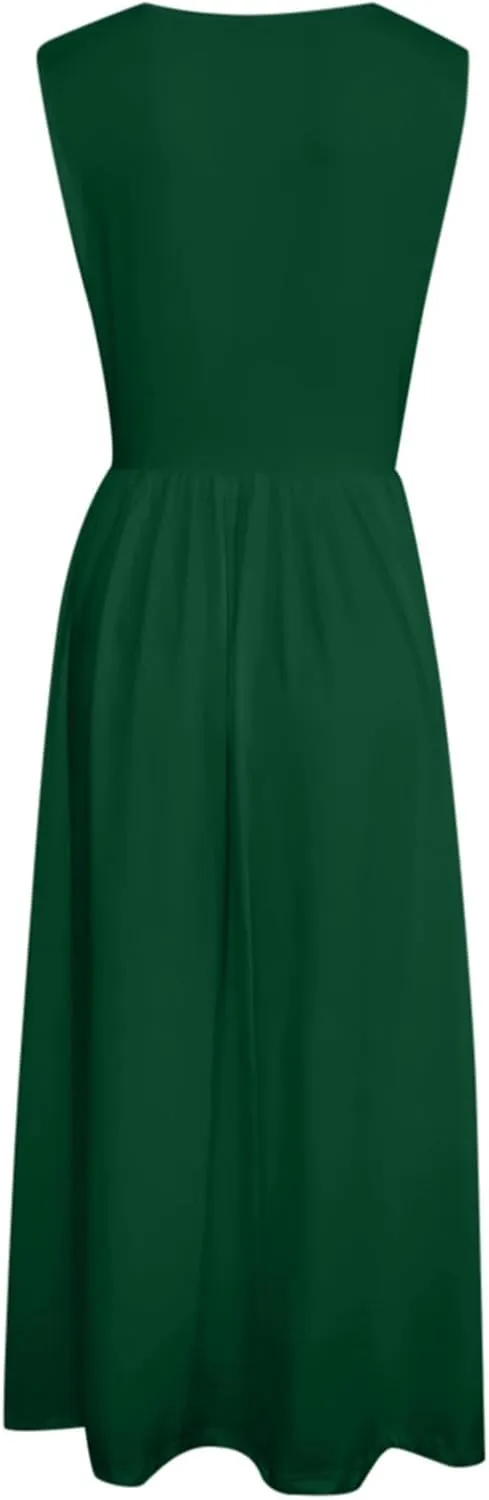 Summer Maxi Dresses for Women 2025 Sleeveless Deep V Neck Long Dresses Loose Plain Maxi Casual Vacation Dress