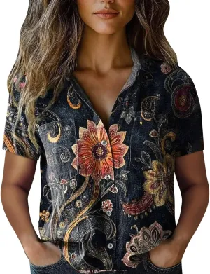 Summer Tops for Women 2025 Trendy V Neck Collared Button-up Gauze Blouses Colorful Vintage Boho Shirts Fashion 2025