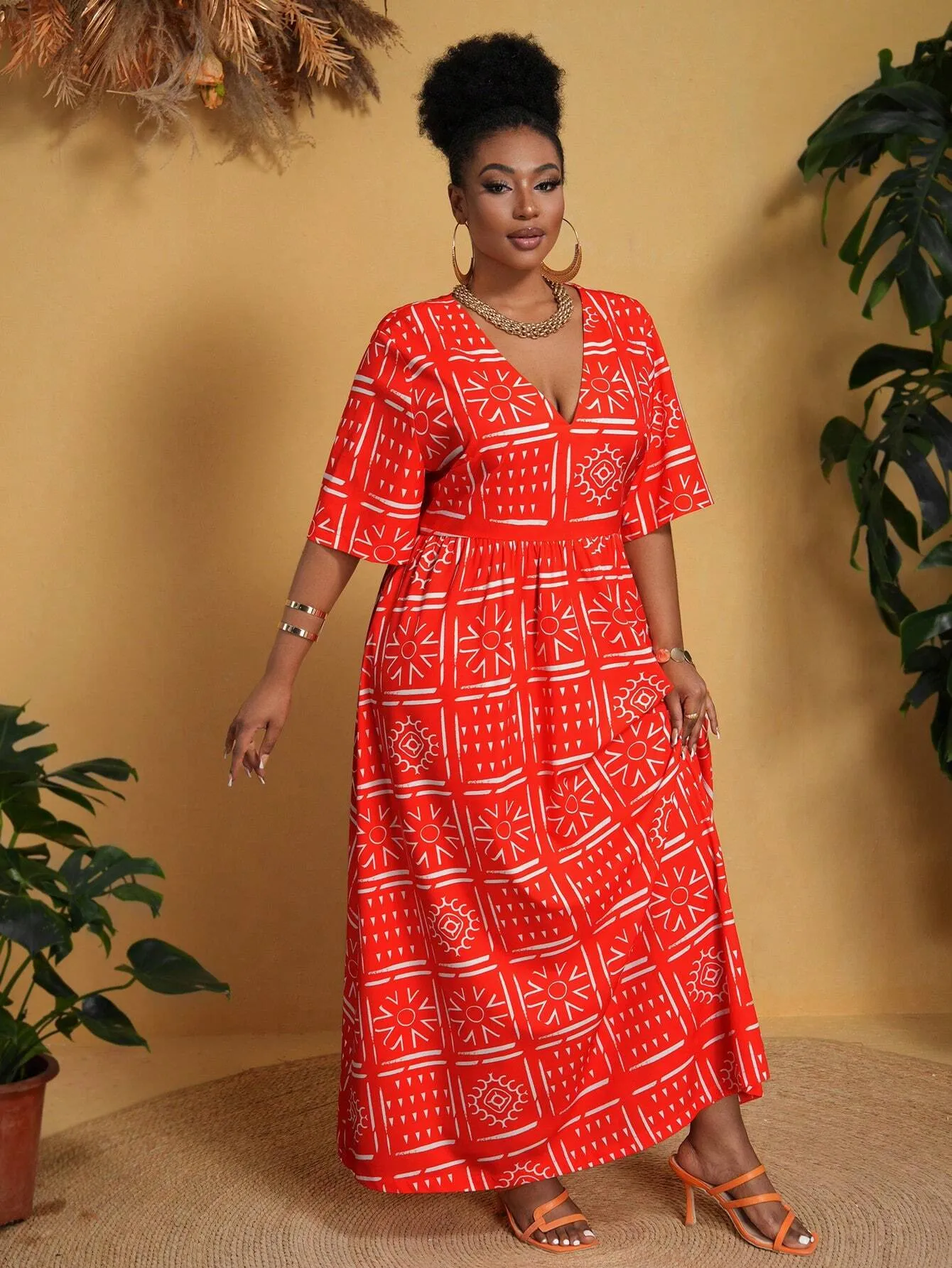Vestido Casual Vermelho Com Decote Em V Plus Size - Estela