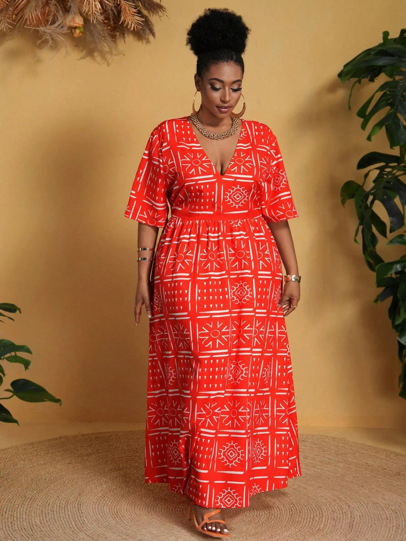 Vestido Casual Vermelho Com Decote Em V Plus Size - Estela