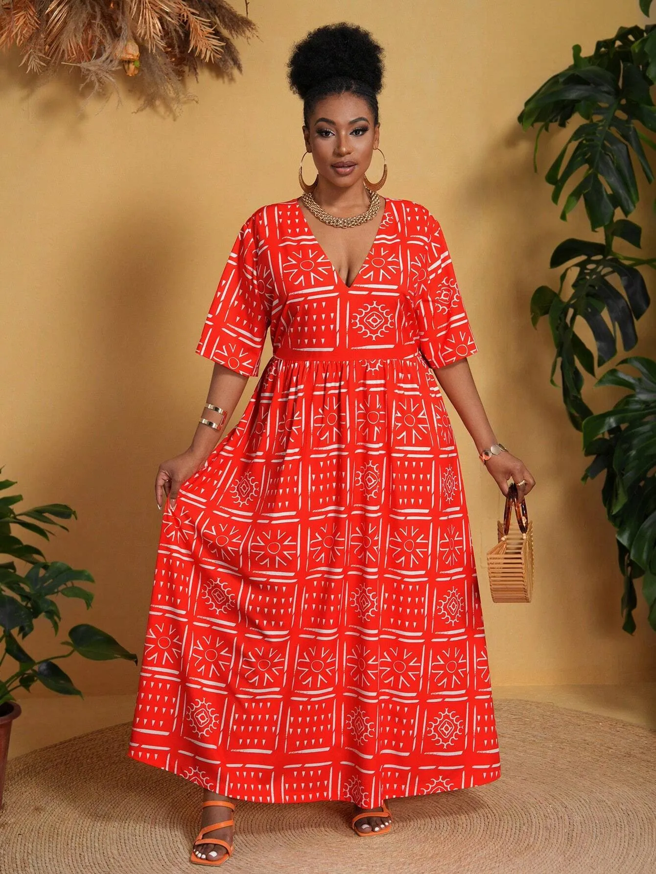 Vestido Casual Vermelho Com Decote Em V Plus Size - Estela