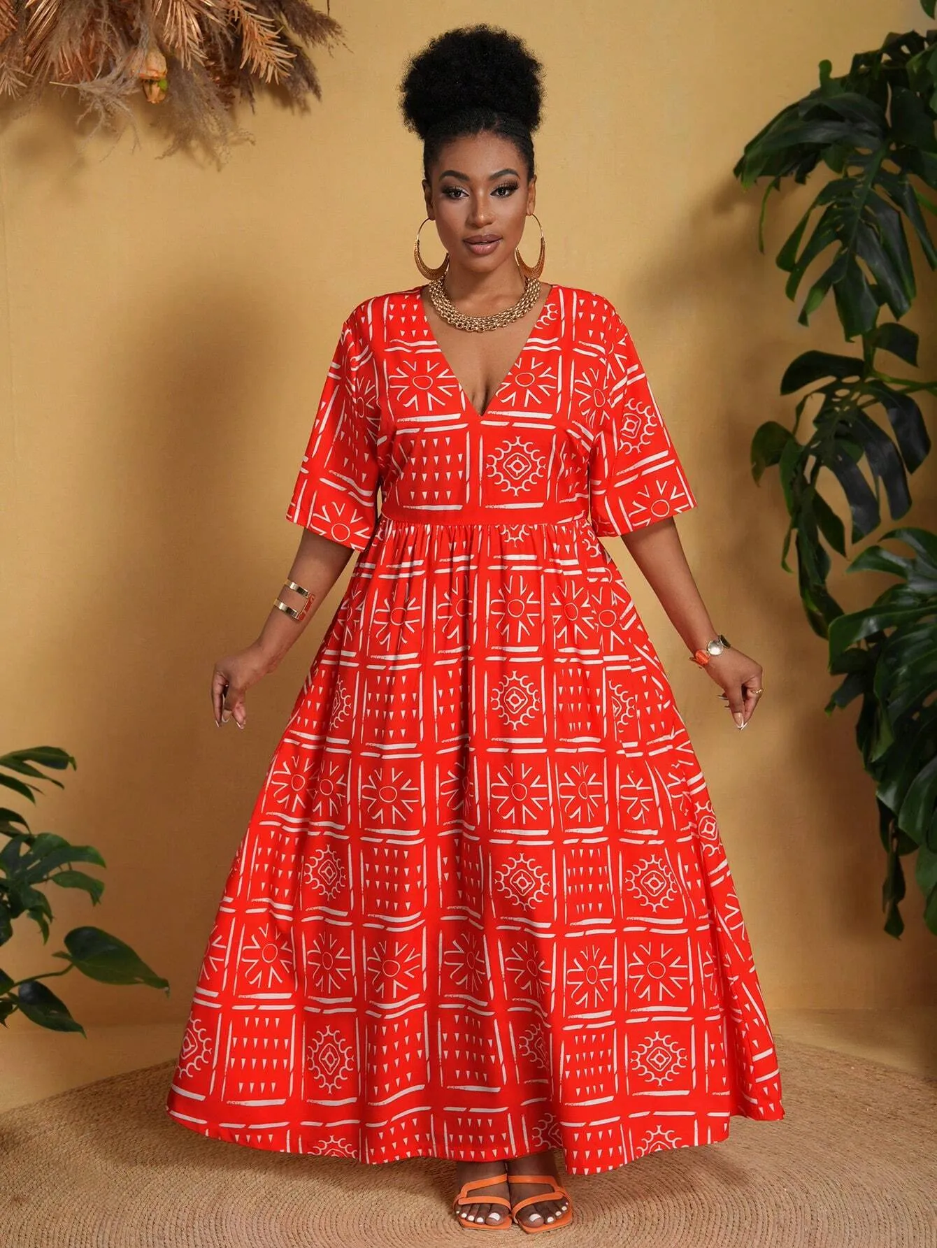 Vestido Casual Vermelho Com Decote Em V Plus Size - Estela