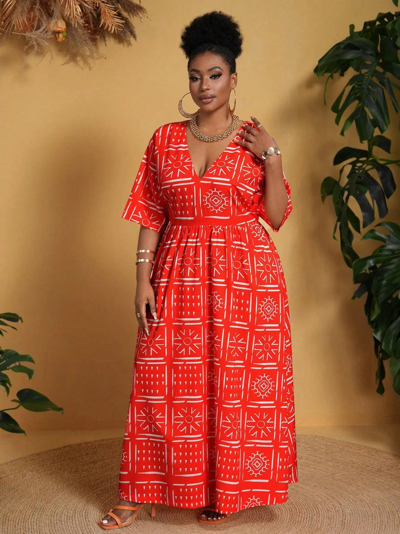 Vestido Casual Vermelho Com Decote Em V Plus Size - Estela