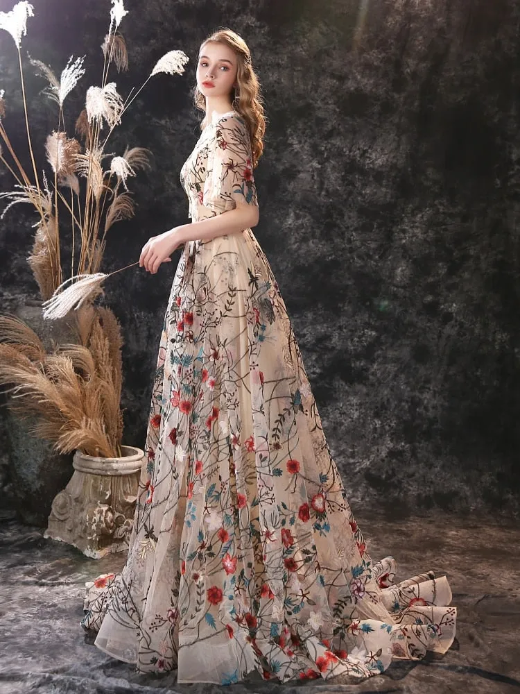 Vestido de Festa Longo Florido em Renda Vintage (Pronta Entrega)