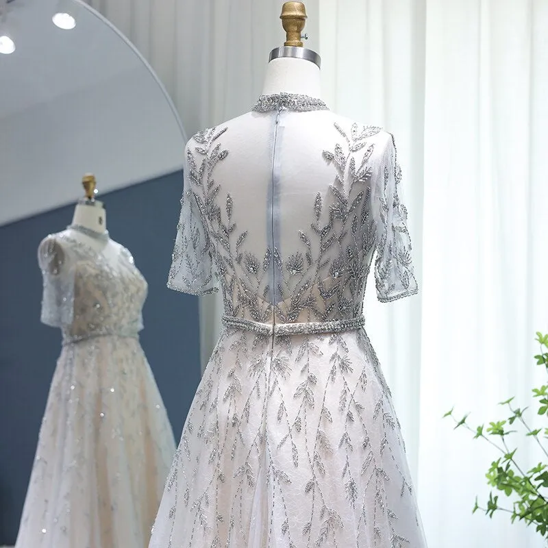 Vestido de Festa Luxo Clássico com Cristais em Padrão Folhagem - Modelo Especial
