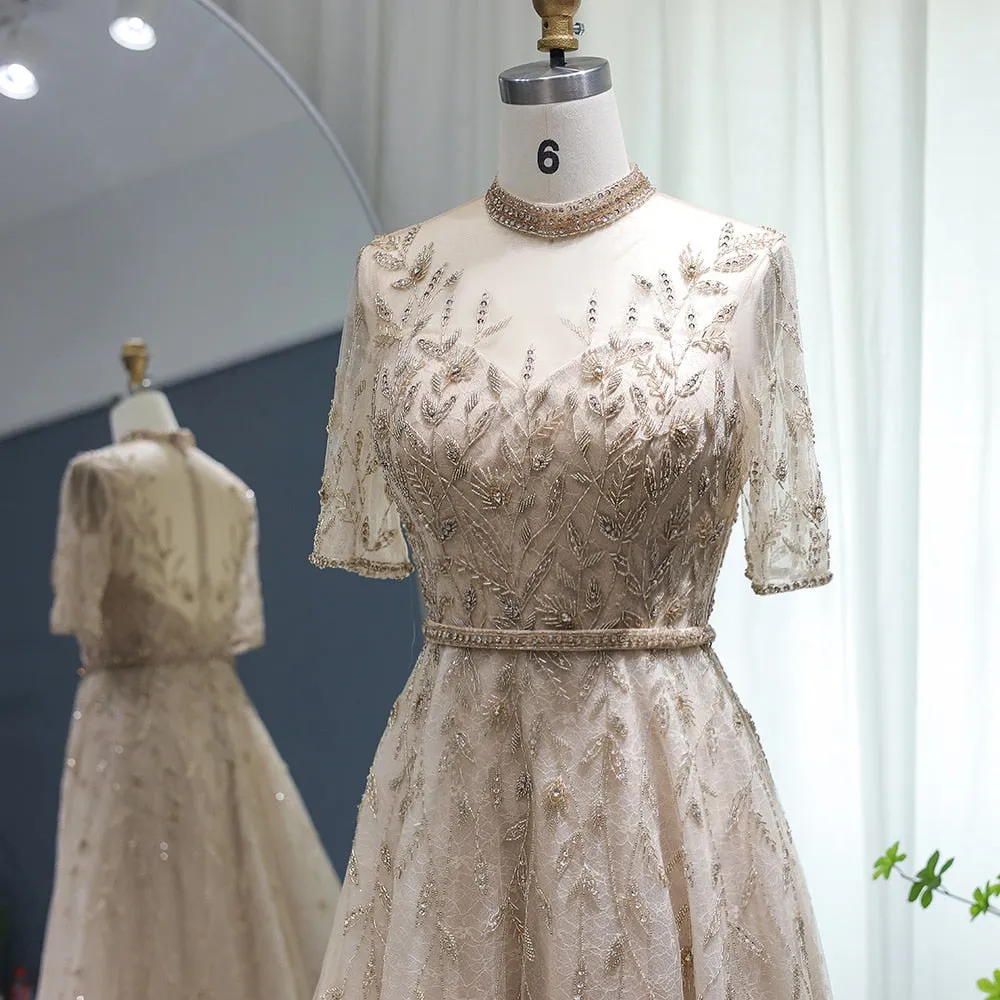 Vestido de Festa Luxo Clássico com Cristais em Padrão Folhagem - Modelo Especial