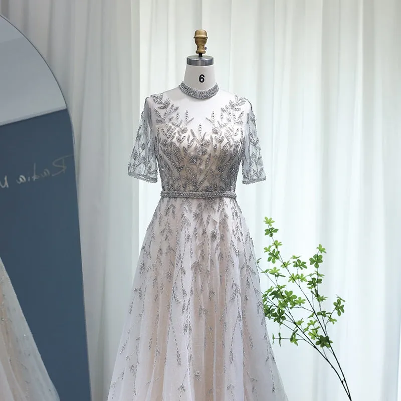 Vestido de Festa Luxo Clássico com Cristais em Padrão Folhagem - Modelo Especial