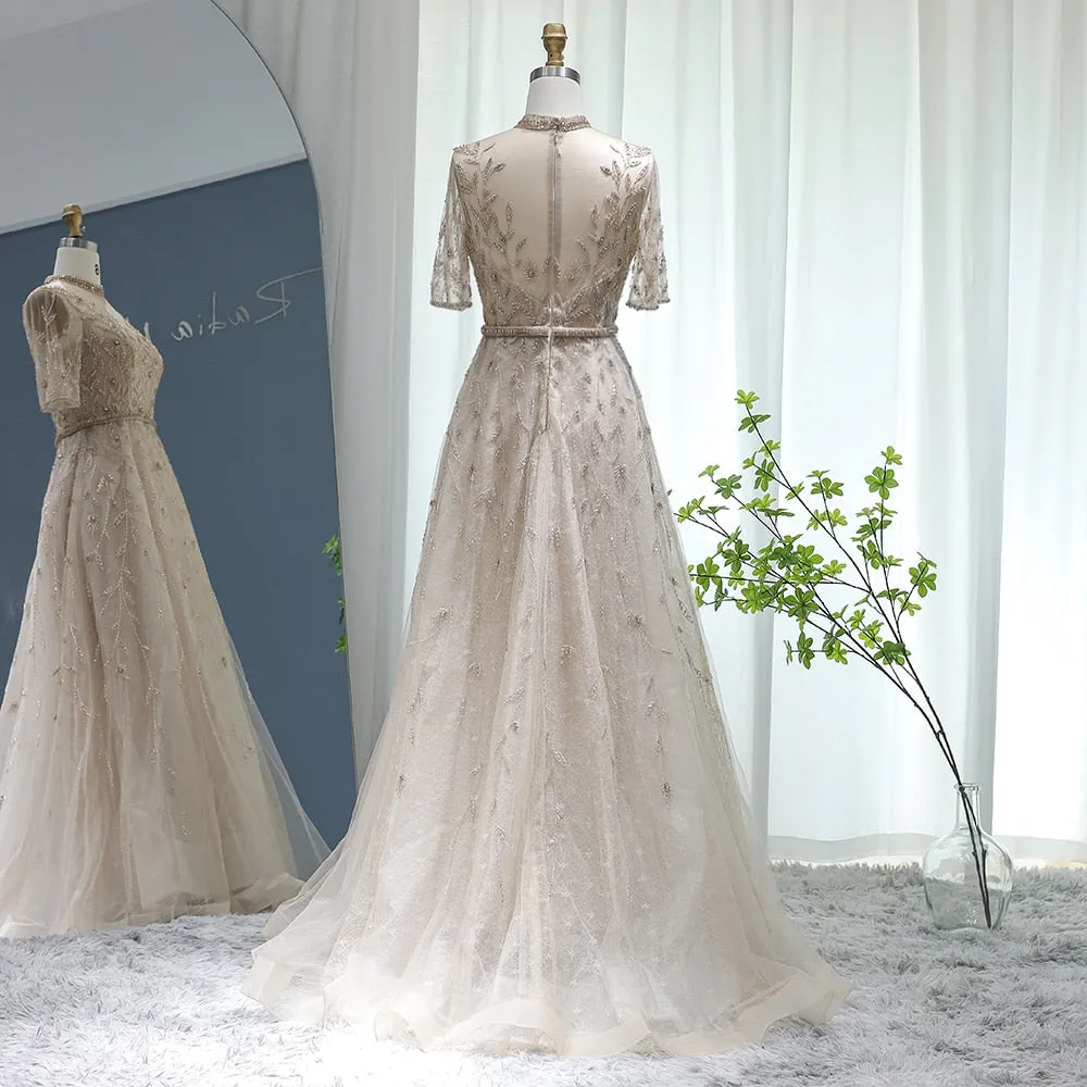 Vestido de Festa Luxo Clássico com Cristais em Padrão Folhagem - Modelo Especial