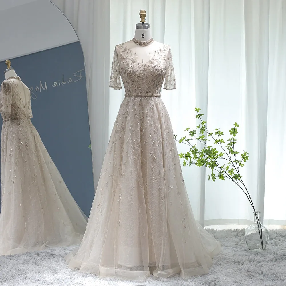 Vestido de Festa Luxo Clássico com Cristais em Padrão Folhagem - Modelo Especial