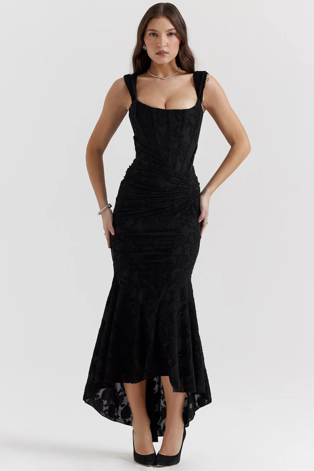 Vestido Longo Floral Preto Modelador Modelo Cesca