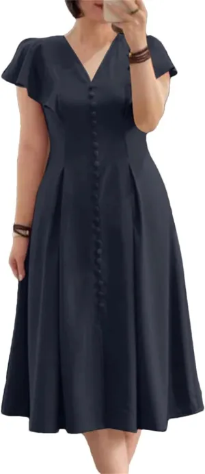 Women Cap Sleeves Midi Dress V Neck Waist-Cinched A-Line Vestidos Solid Party Dresses