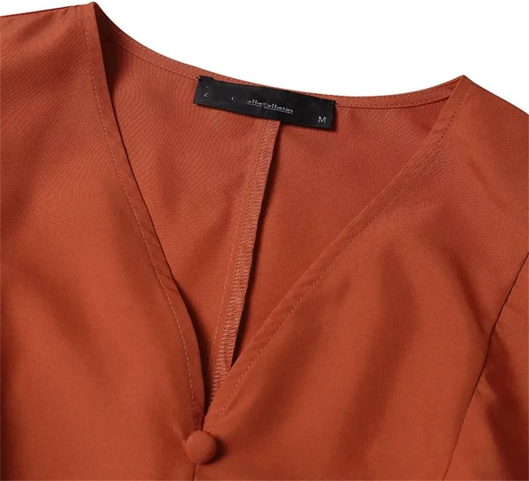 Women Cap Sleeves Midi Dress V Neck Waist-Cinched A-Line Vestidos Solid Party Dresses