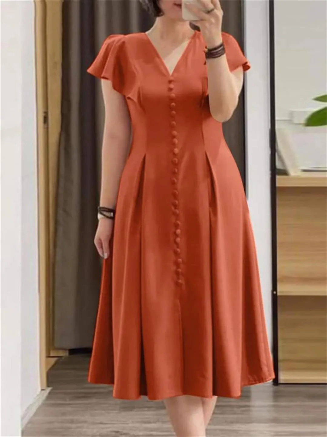 Women Cap Sleeves Midi Dress V Neck Waist-Cinched A-Line Vestidos Solid Party Dresses