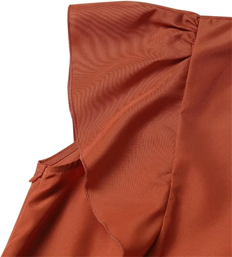 Women Cap Sleeves Midi Dress V Neck Waist-Cinched A-Line Vestidos Solid Party Dresses