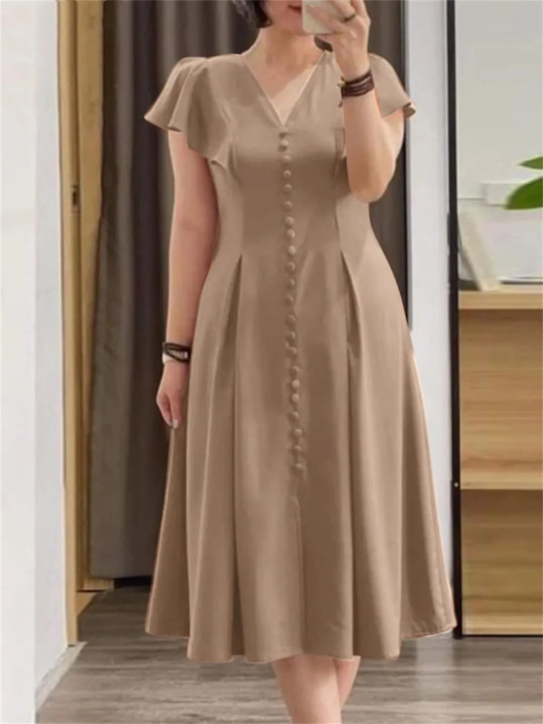 Women Cap Sleeves Midi Dress V Neck Waist-Cinched A-Line Vestidos Solid Party Dresses
