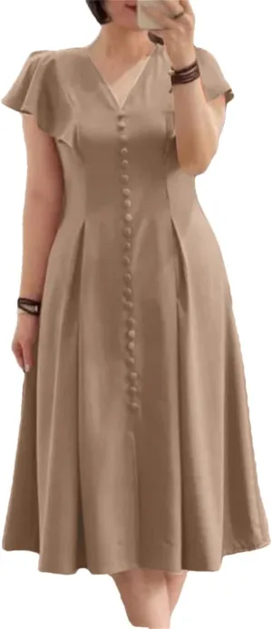 Women Cap Sleeves Midi Dress V Neck Waist-Cinched A-Line Vestidos Solid Party Dresses