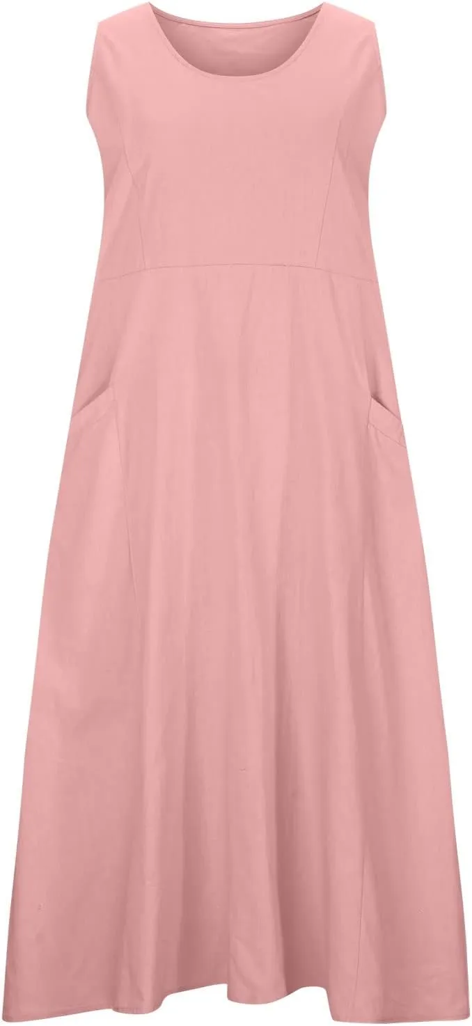 Women Cotton Linen Dresses 2024 Boho Casual Summer Maxi Dress Sleeveless Long Sundress Trendy Beach Vacation Clothing