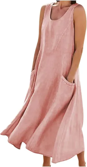 Women Cotton Linen Dresses 2024 Boho Casual Summer Maxi Dress Sleeveless Long Sundress Trendy Beach Vacation Clothing