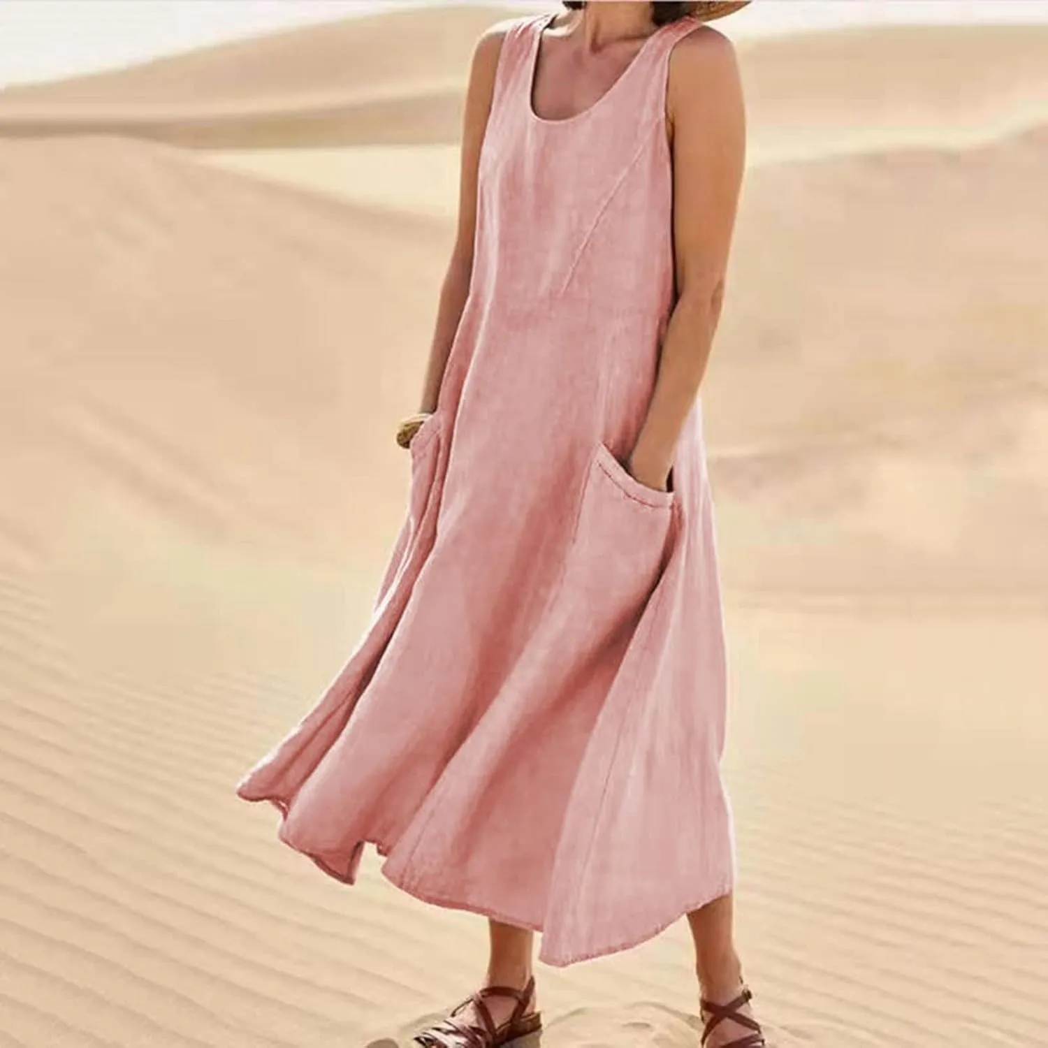 Women Cotton Linen Dresses 2024 Boho Casual Summer Maxi Dress Sleeveless Long Sundress Trendy Beach Vacation Clothing