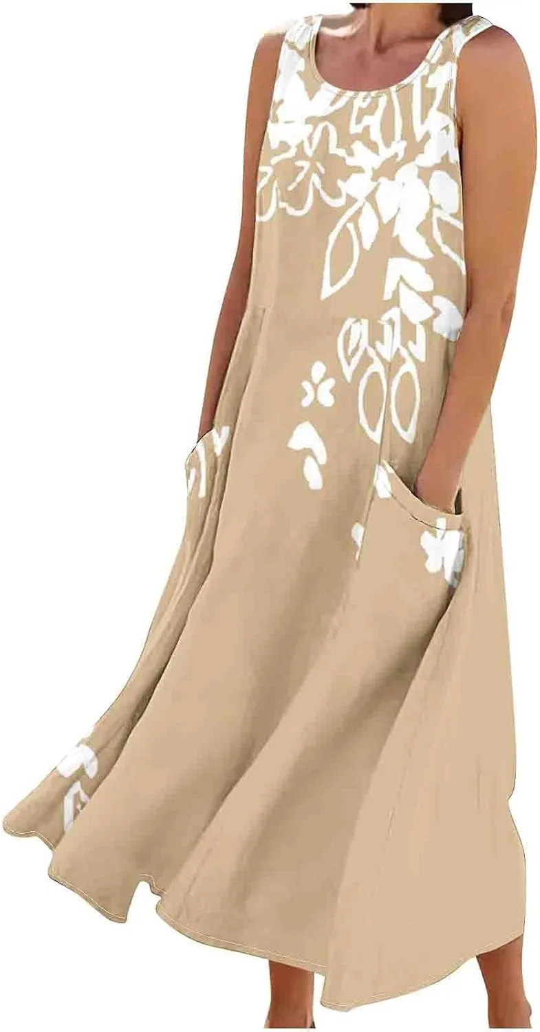 Women Summer Linen Dresses 2025 Trendy Floral Print Maxi Sundress Vacation Casual Sleeveless U Neck Dress with Pockets