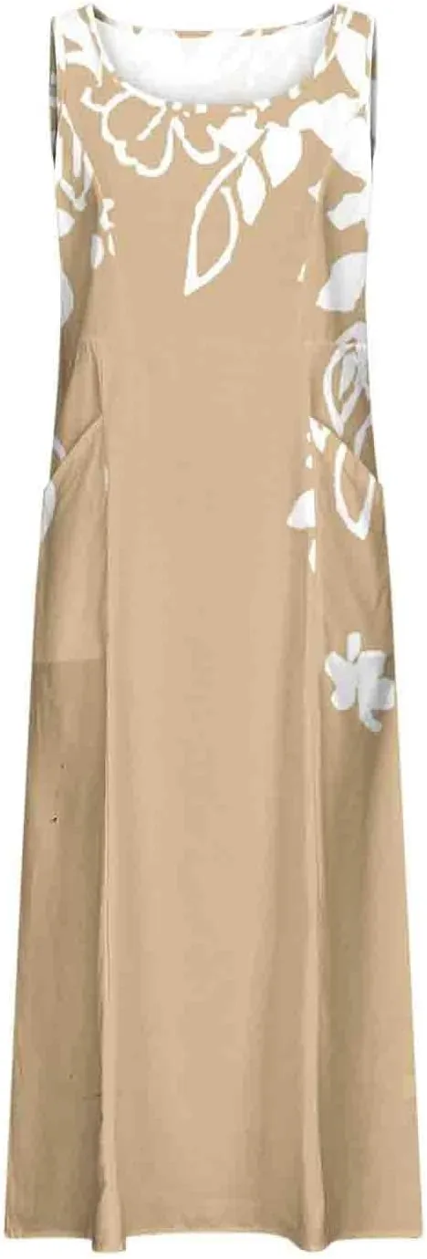 Women Summer Linen Dresses 2025 Trendy Floral Print Maxi Sundress Vacation Casual Sleeveless U Neck Dress with Pockets