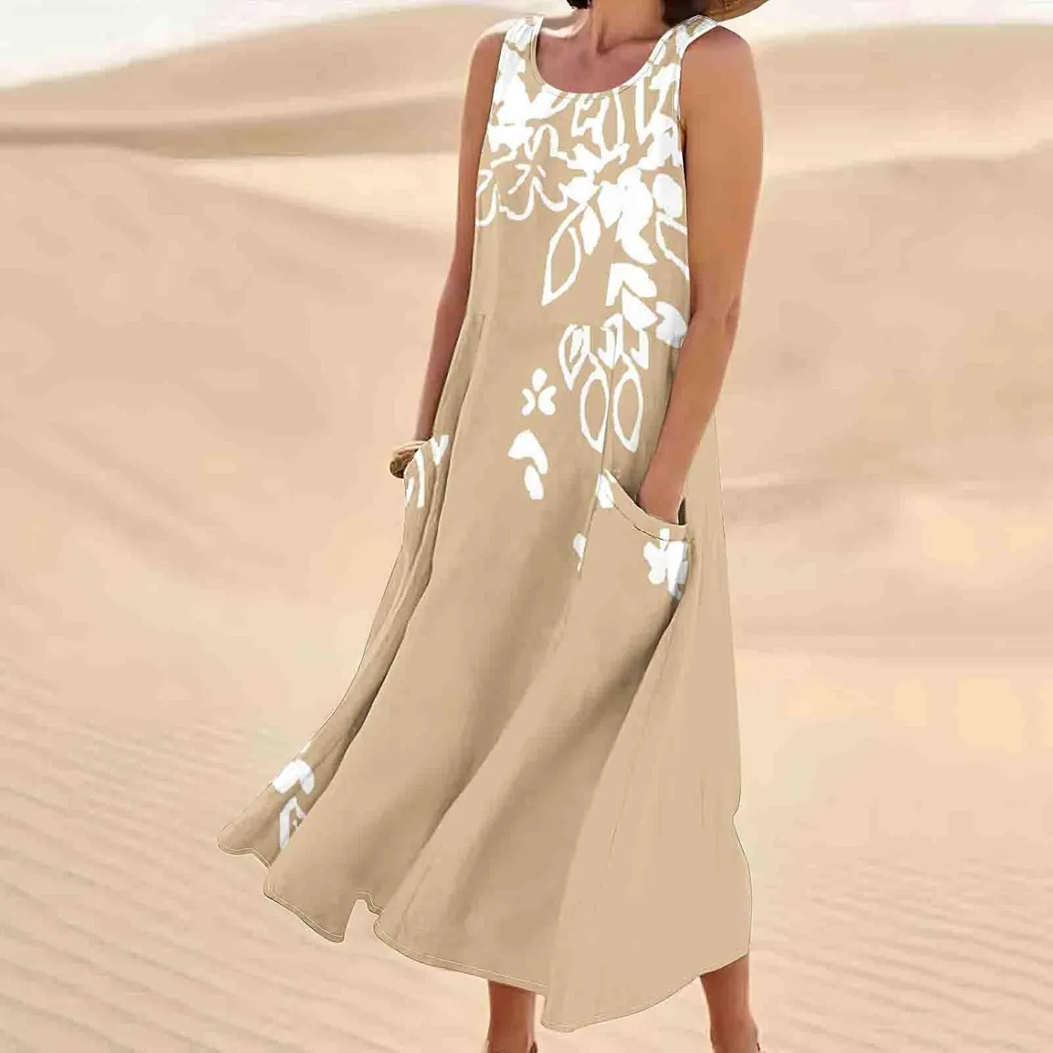 Women Summer Linen Dresses 2025 Trendy Floral Print Maxi Sundress Vacation Casual Sleeveless U Neck Dress with Pockets