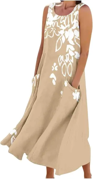 Women Summer Linen Dresses 2025 Trendy Floral Print Maxi Sundress Vacation Casual Sleeveless U Neck Dress with Pockets
