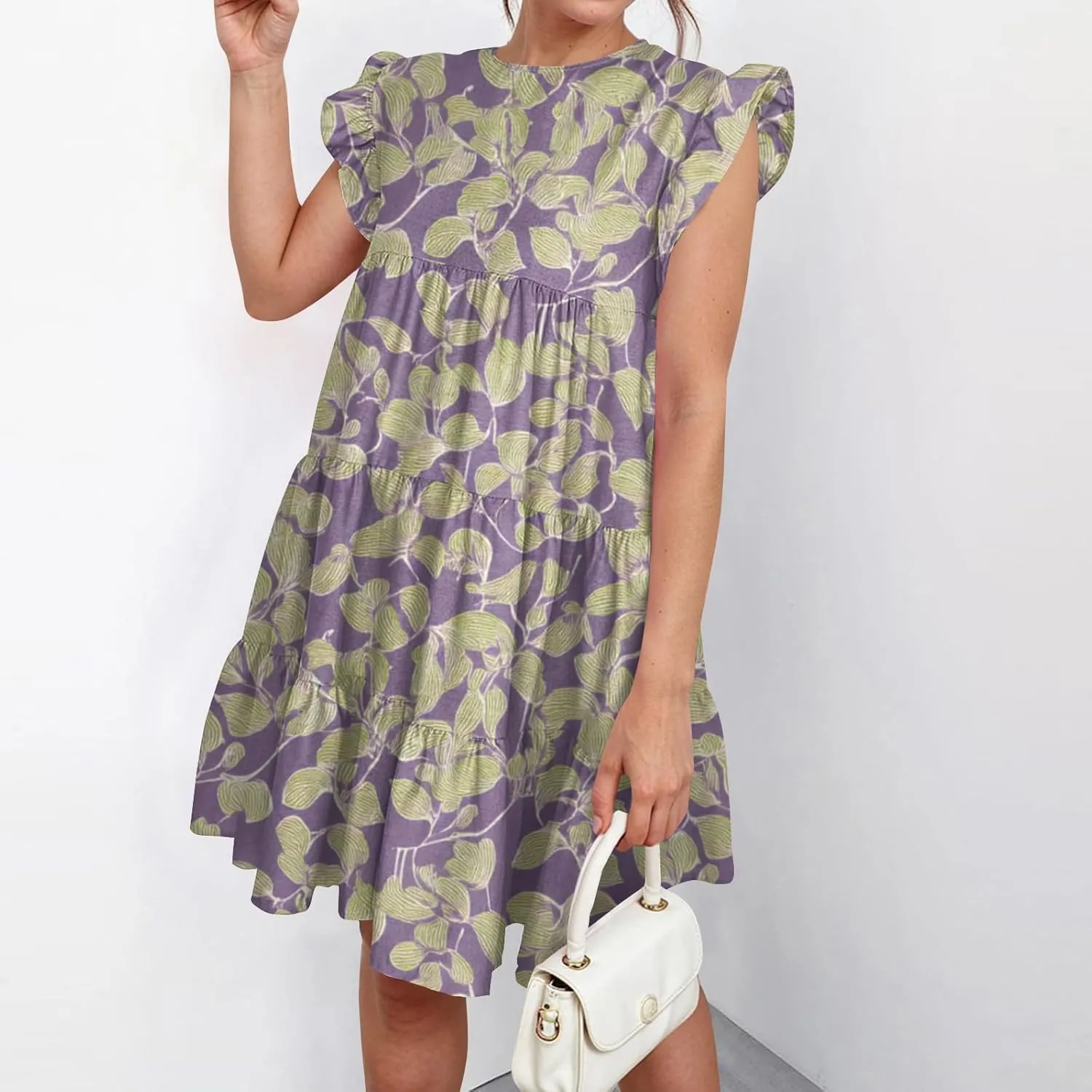 Womens 2025 Floral Summer Dress Crewneck Ruffled Hem Geometric Print Sundress with Stretchy Waist Beach Vacations