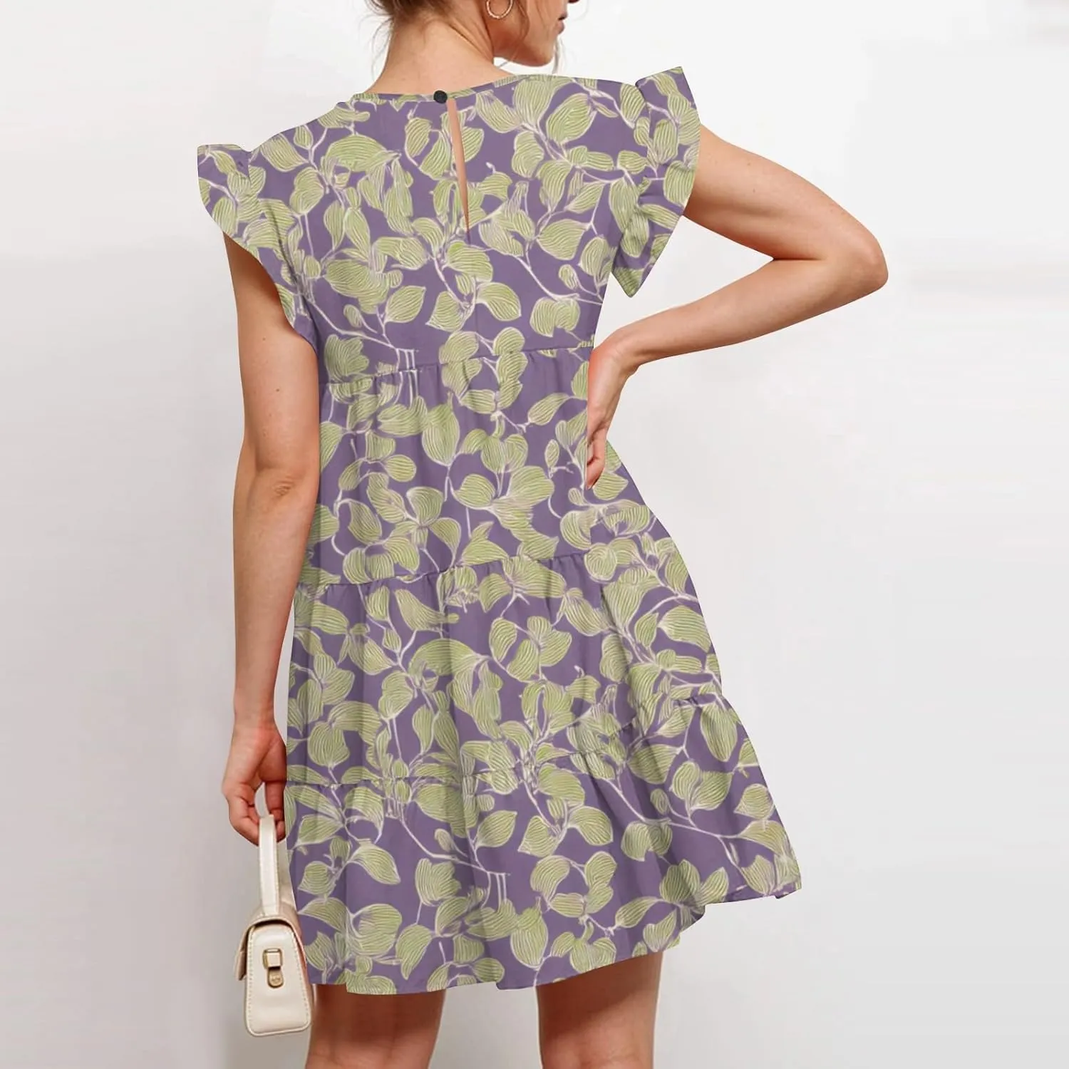 Womens 2025 Floral Summer Dress Crewneck Ruffled Hem Geometric Print Sundress with Stretchy Waist Beach Vacations