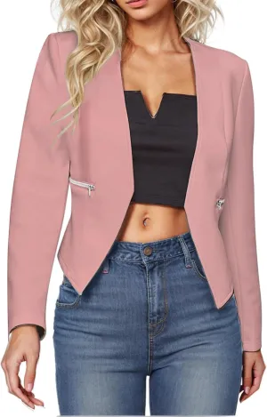 Women's Blazer Cardigan Top Work Office Suit Jackets Casual Collarless Cropped Long Sleeve Business Blazers Coat