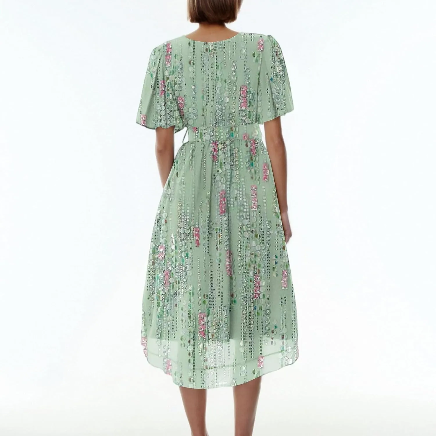 Womens Boho Floral Printed Chiffon Dresses 2025 Elegant V Neck Belted Summer Wedding Prom Cocktail Midi Dress