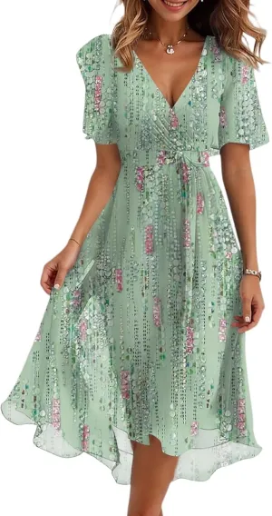Womens Boho Floral Printed Chiffon Dresses 2025 Elegant V Neck Belted Summer Wedding Prom Cocktail Midi Dress