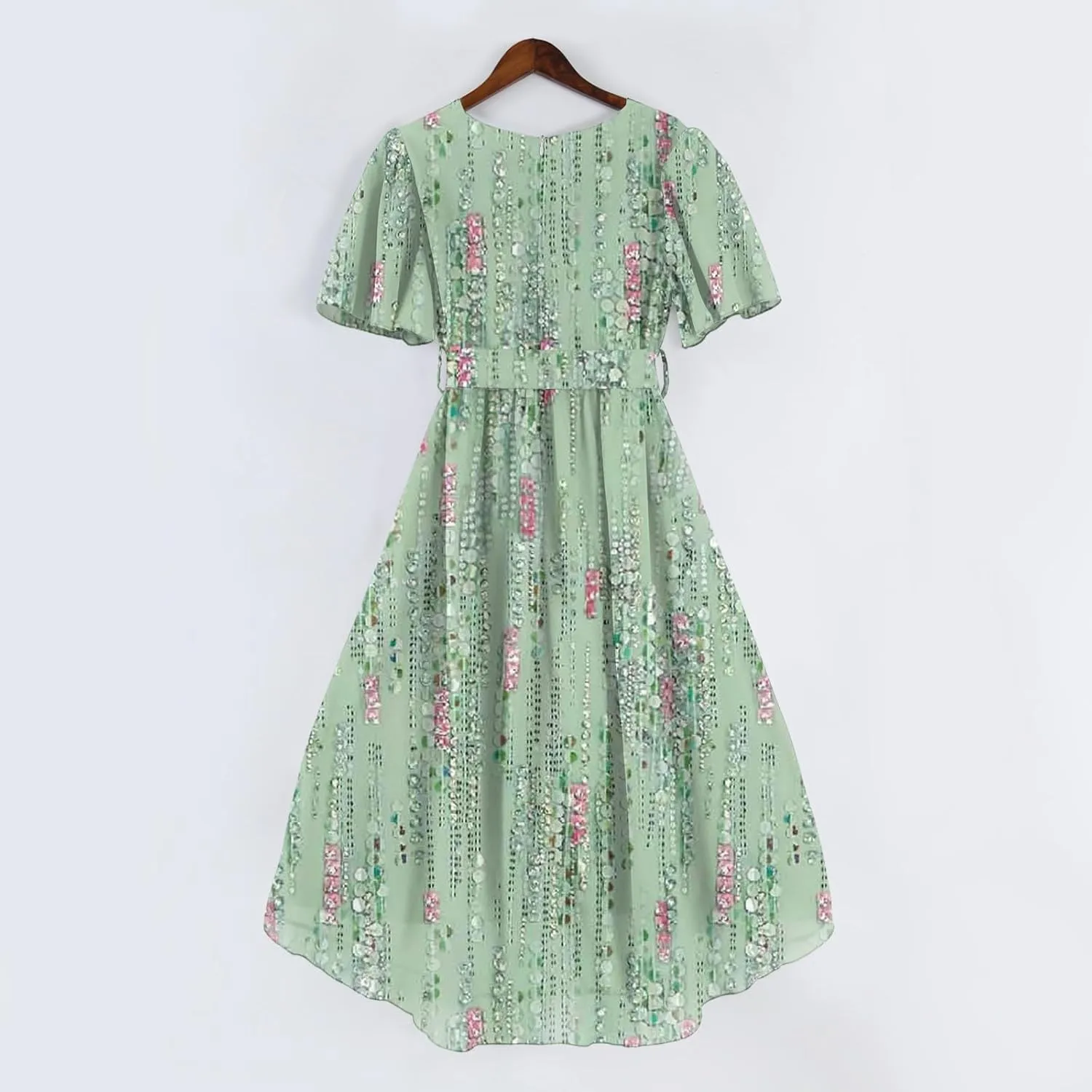 Womens Boho Floral Printed Chiffon Dresses 2025 Elegant V Neck Belted Summer Wedding Prom Cocktail Midi Dress
