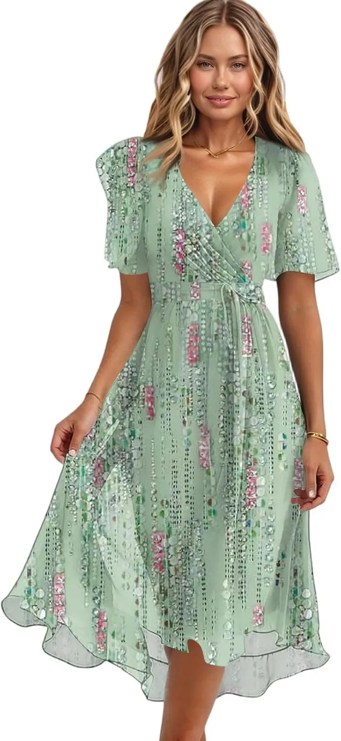 Womens Boho Floral Printed Chiffon Dresses 2025 Elegant V Neck Belted Summer Wedding Prom Cocktail Midi Dress