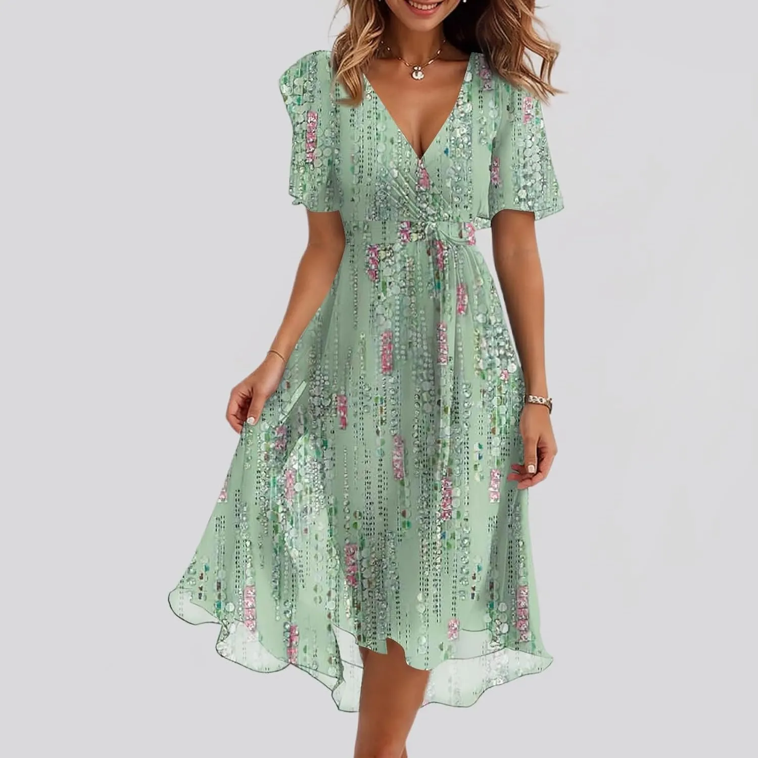 Womens Boho Floral Printed Chiffon Dresses 2025 Elegant V Neck Belted Summer Wedding Prom Cocktail Midi Dress