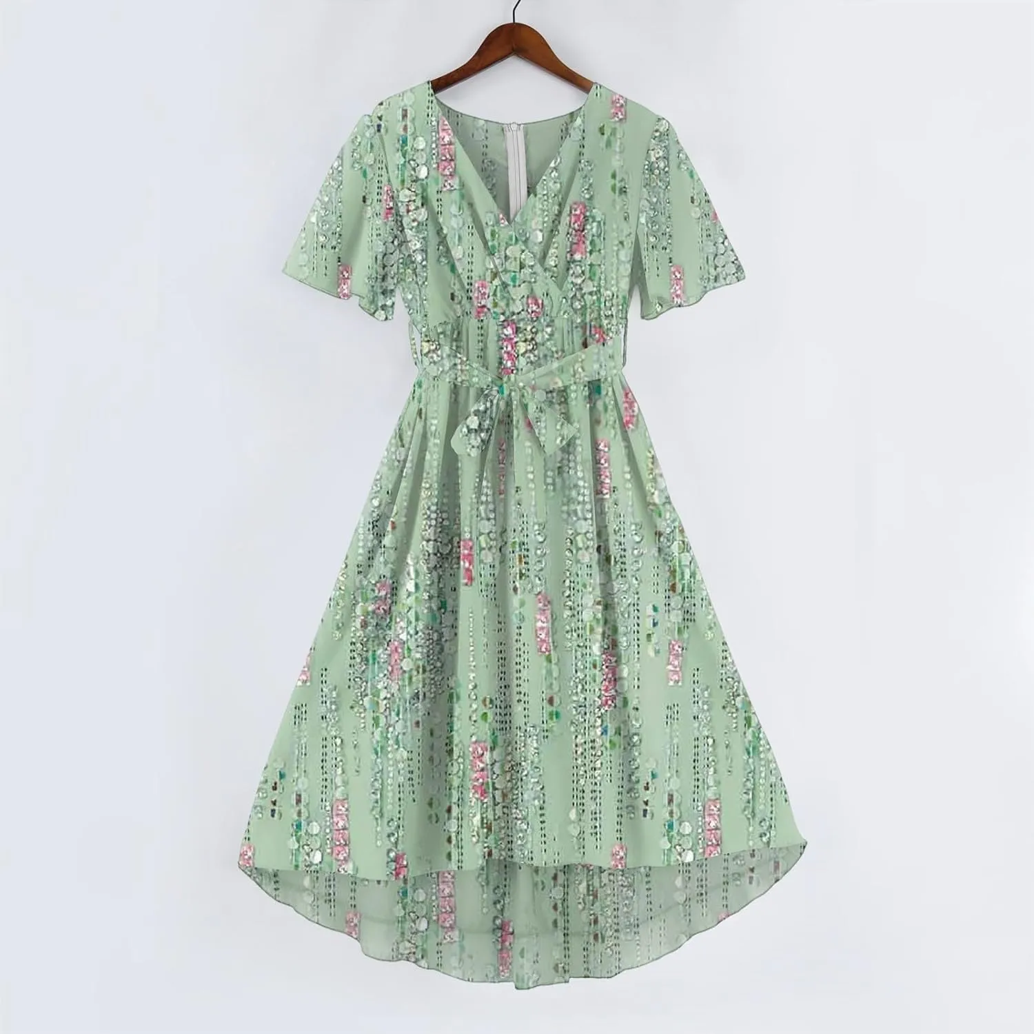 Womens Boho Floral Printed Chiffon Dresses 2025 Elegant V Neck Belted Summer Wedding Prom Cocktail Midi Dress