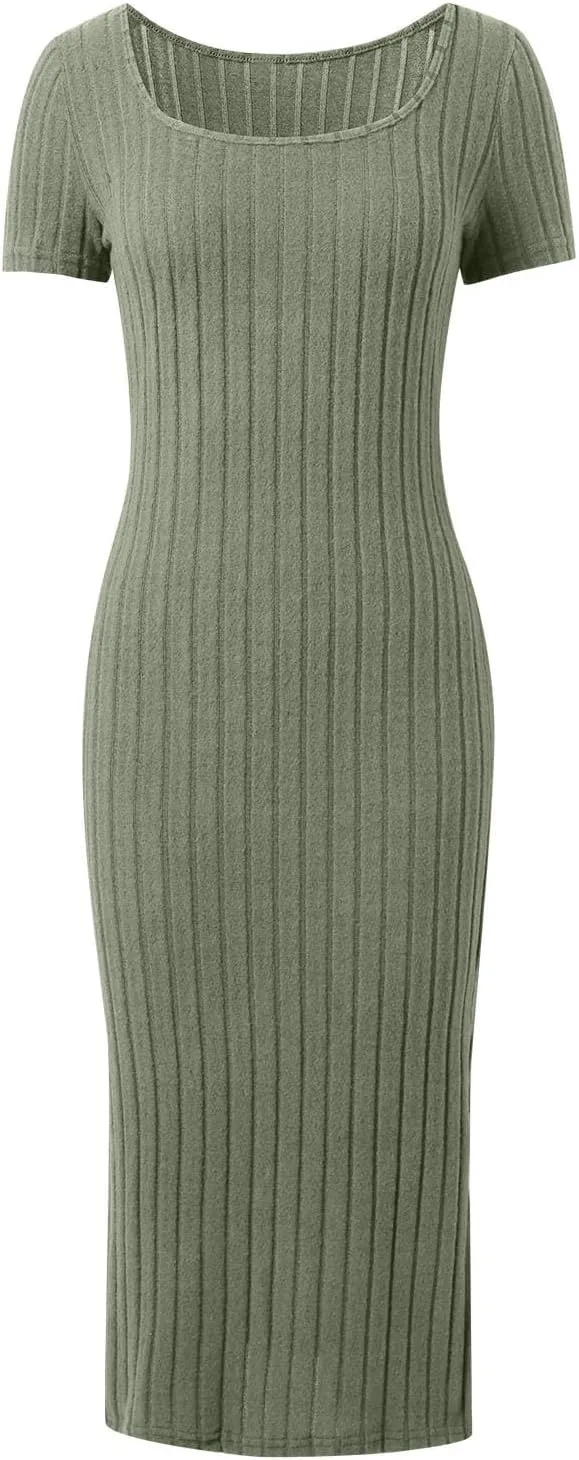 Women's Casual Square Neck Ribbed Maxi Dress Stretchy Summer Long Bodycon Knit Dress with Side Slit for Daily