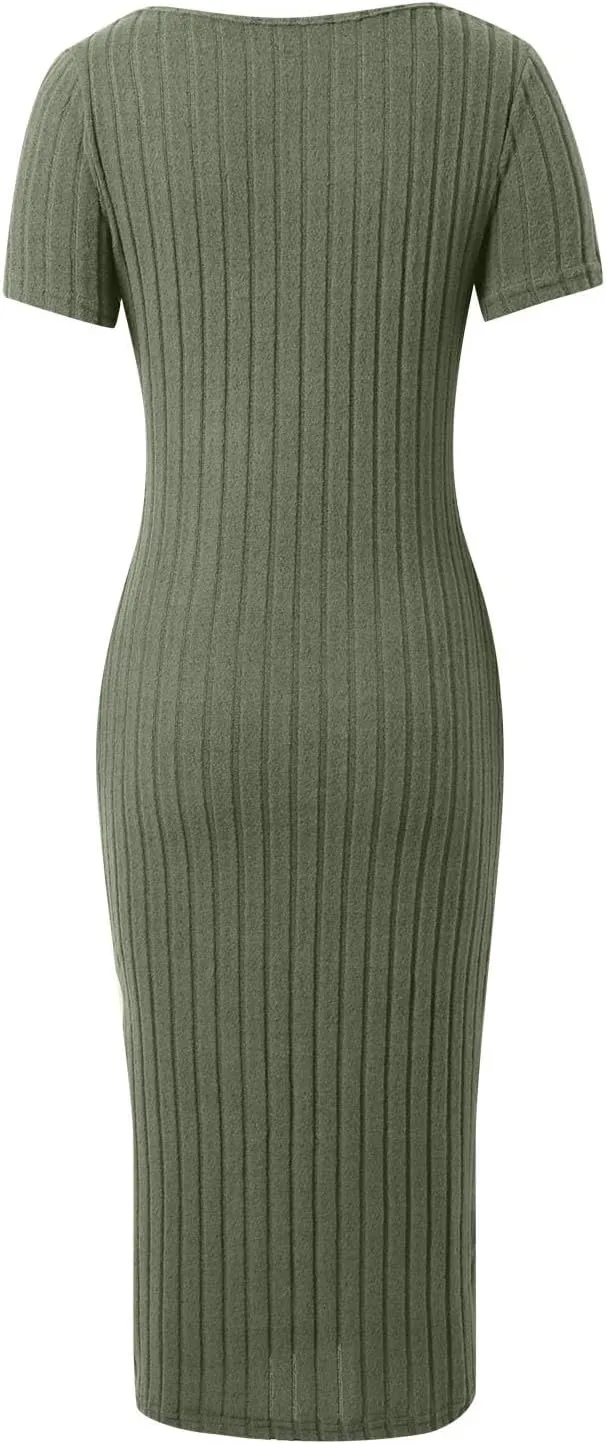 Women's Casual Square Neck Ribbed Maxi Dress Stretchy Summer Long Bodycon Knit Dress with Side Slit for Daily